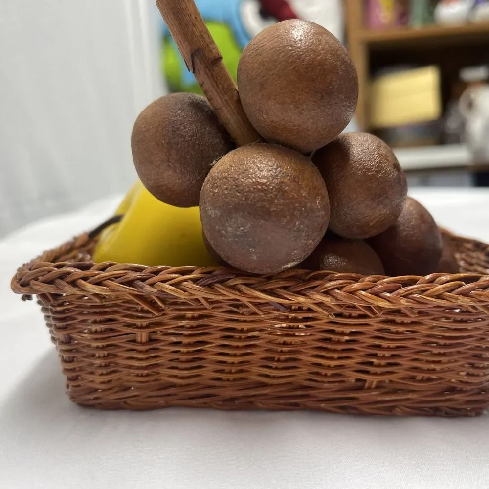 Vintage Retro MCM Solid Wood Lot Colored Fruit Hand Carved 6 Pieces + Basket